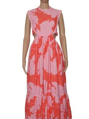 V By Very Printed Eyelet Embroidered Smocked Lace Trim Cutout Maxi Dress M